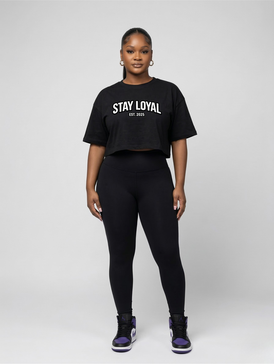 Stay Stay Loyal Two-Piece Set — Cropped Tee & High-Waist Leggings | Black Women's Athleisuree Set